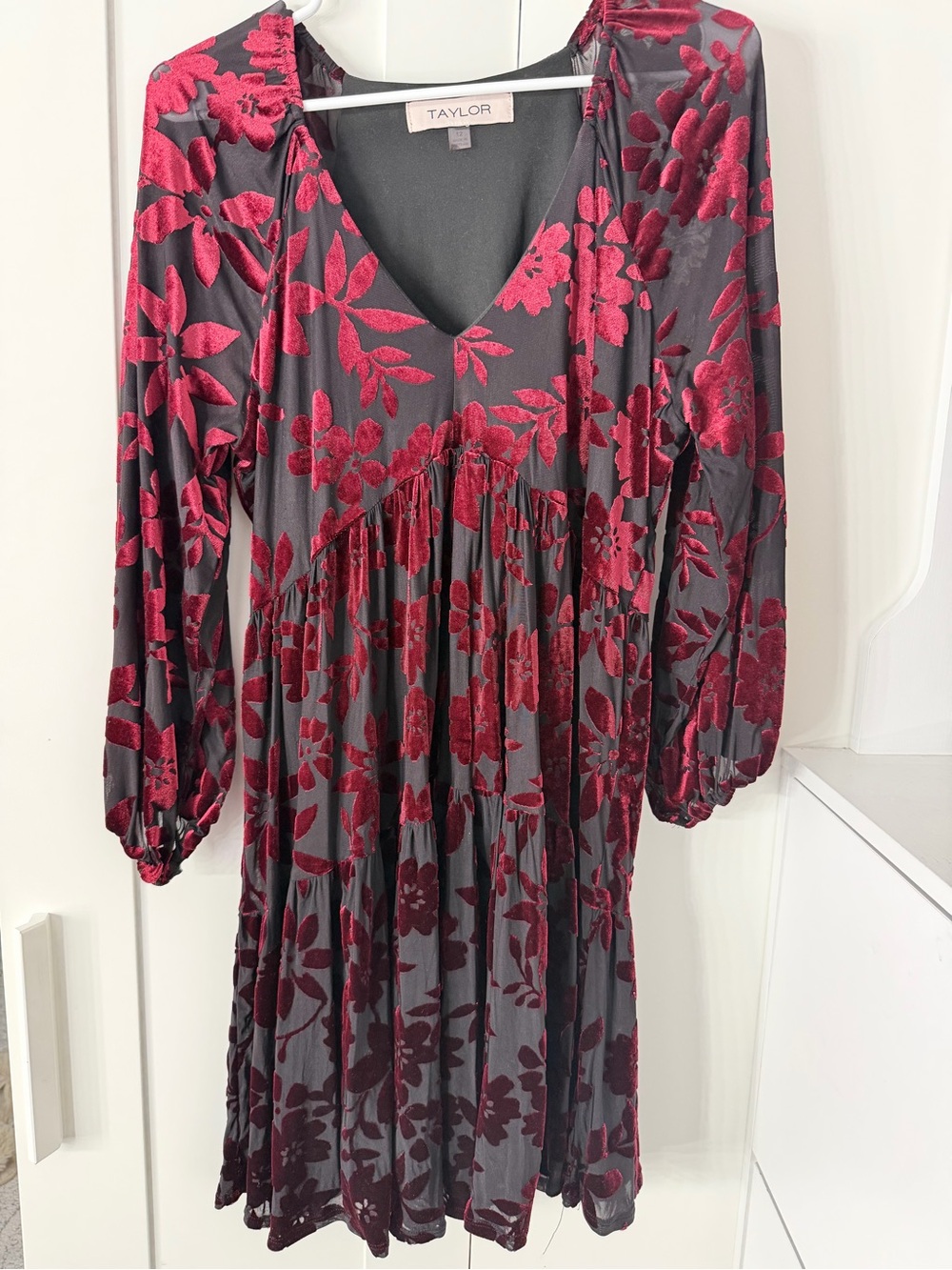 Taylor Charcoal Long-Sleeve Dress with Berry Floral Burnout